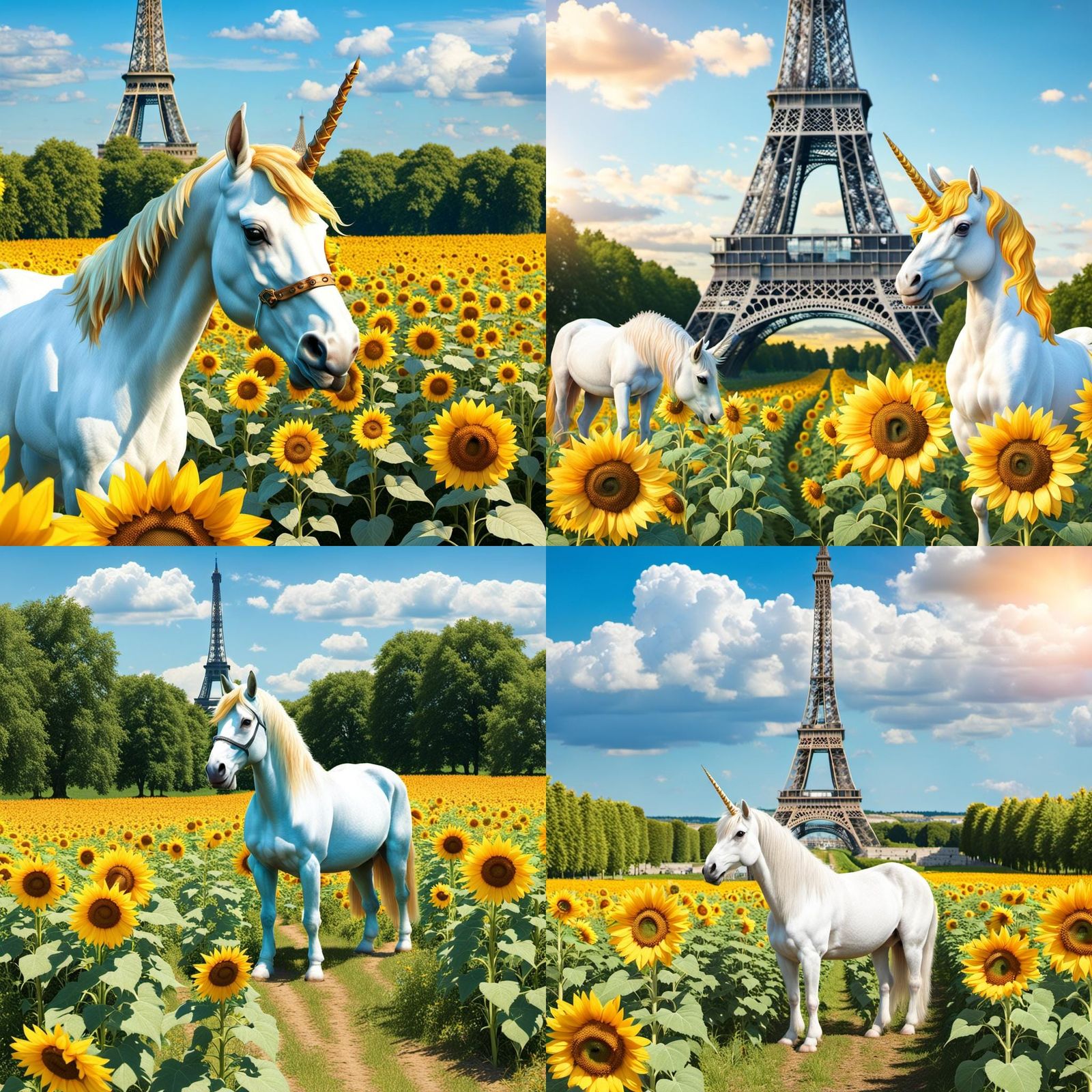 Unicorn Gazing at Eiffel Tower in Sunflower Field