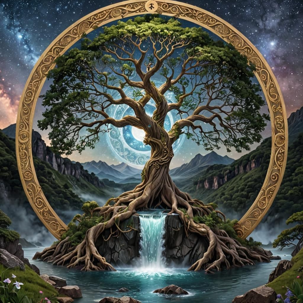 Yggdrasil Waterfall: A Hyperrealistic Celestial Vision