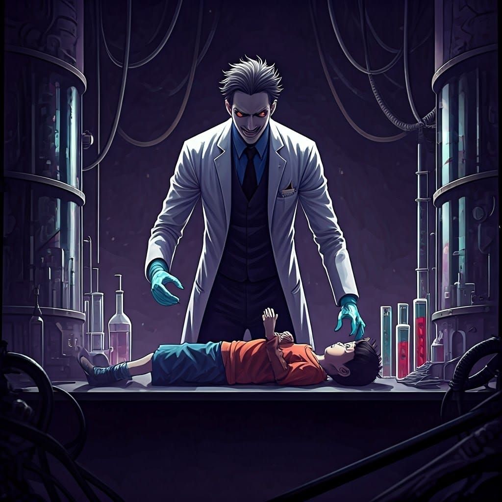 Dark Anime-Style Scientist in Lab Coat Conducts Twisted Expe...