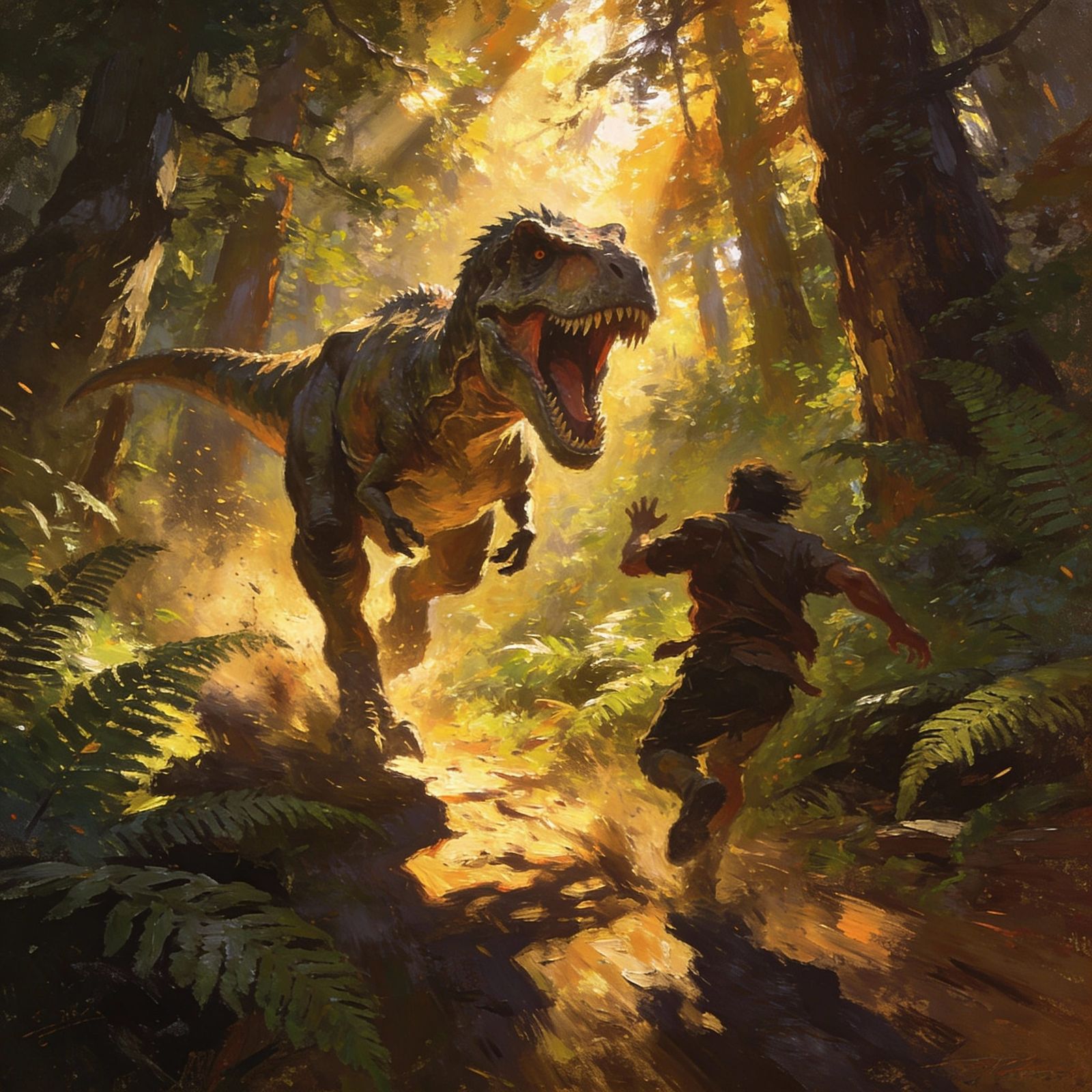 T-Rex Chases Man Through Ancient Forest