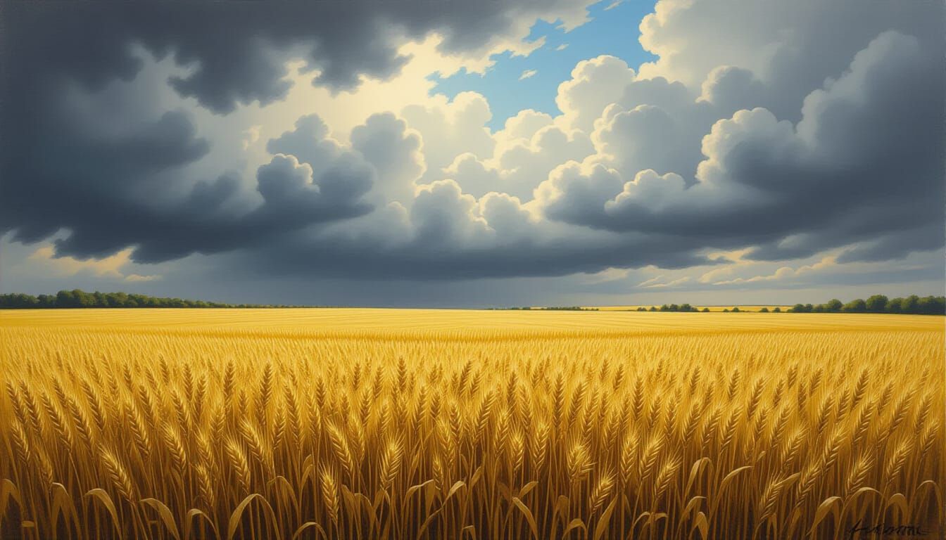 Hyperdetailed Charcoal Drawing of Golden Wheat Field