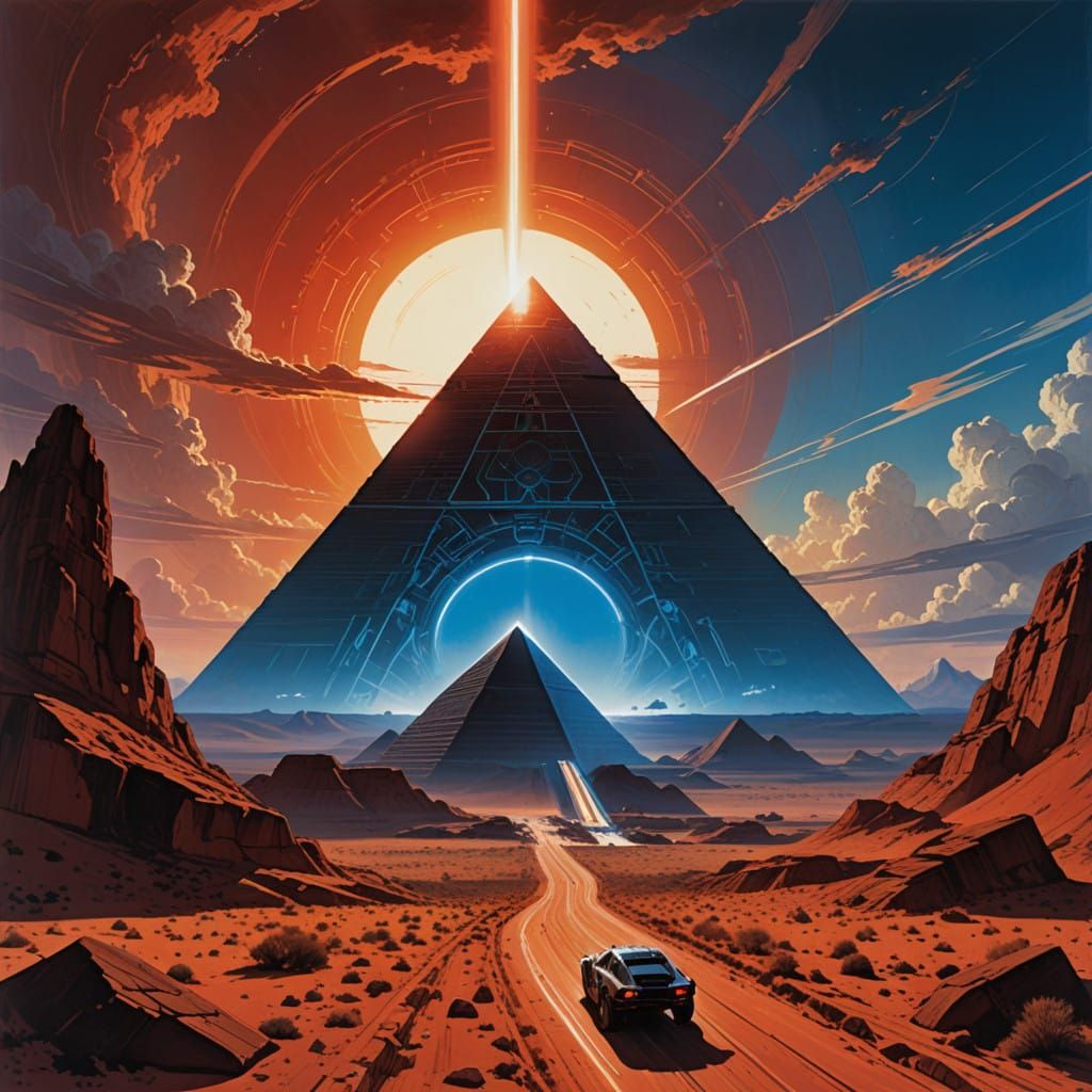 Ancient Pyramid Radiates Glowing Portal in Bold, Red and Blu...