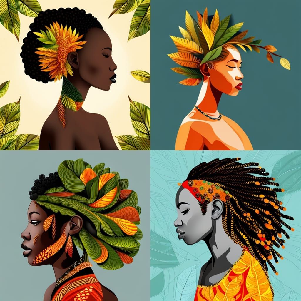 Profile portrait of an elaborate beautiful africawoman made of leavesher long hair is made of leaves and leaves are com...