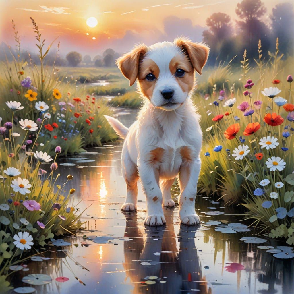Puppy by Lake at Sunset in Watercolor Style