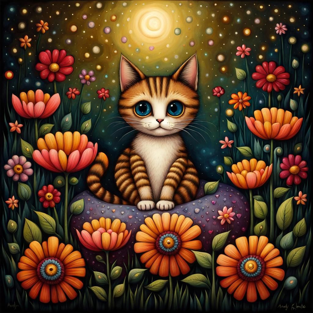 Cute Cat Surrounded by Flowers in Surreal Style