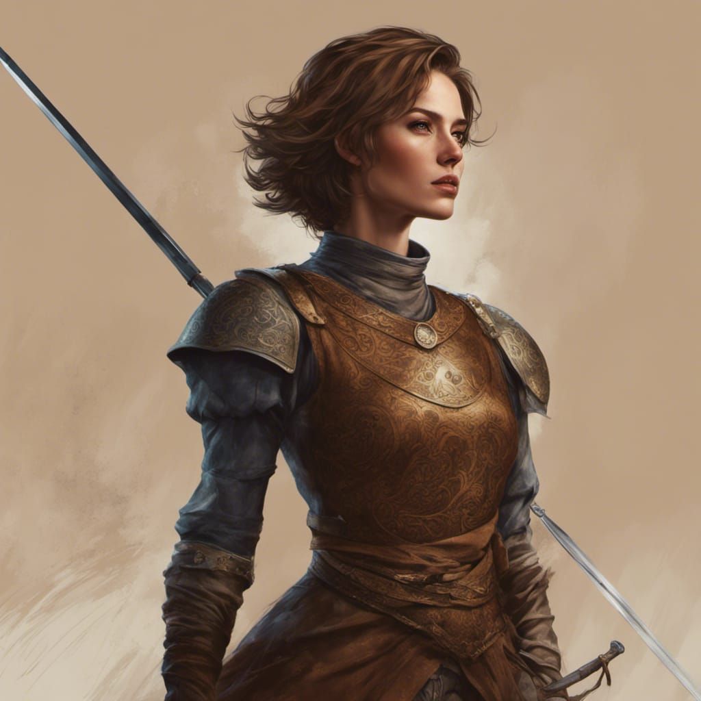 tall, manly looking woman knight with short brown hair, not ...