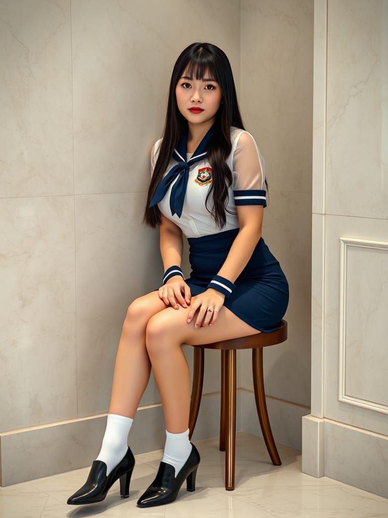 High School Girl in Uniform Posed in Hotel Lobby