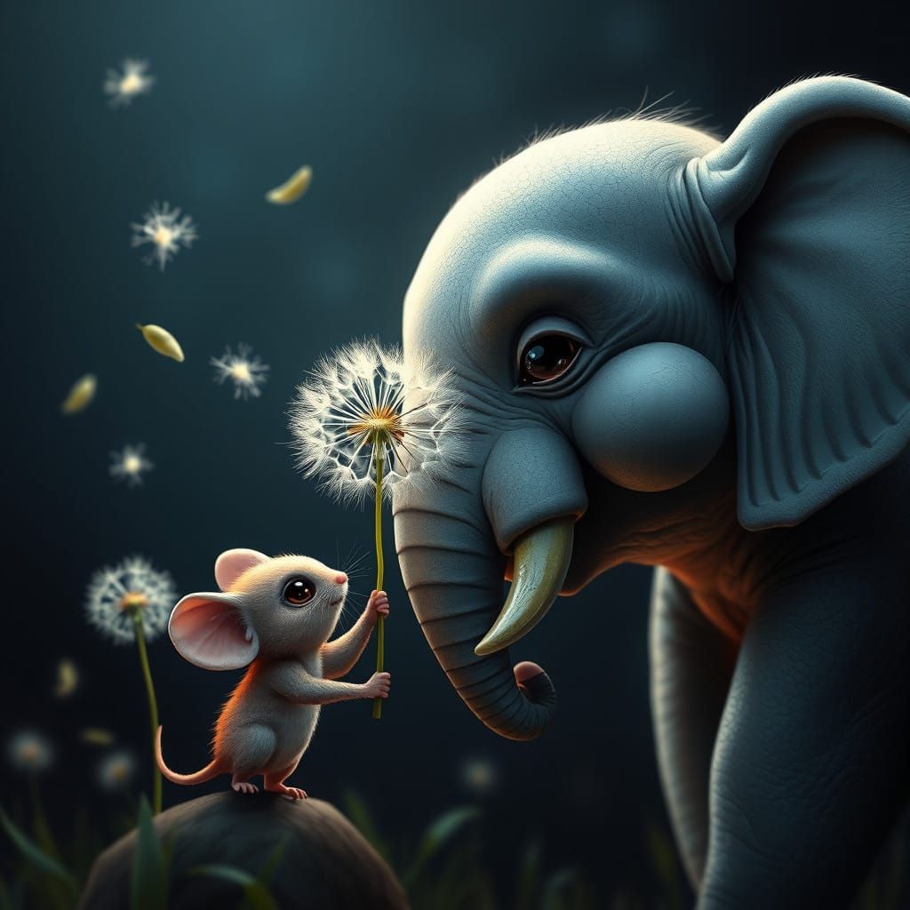 Whimsical Chibi Elephant Receives Dandelion Gift Under Starr...