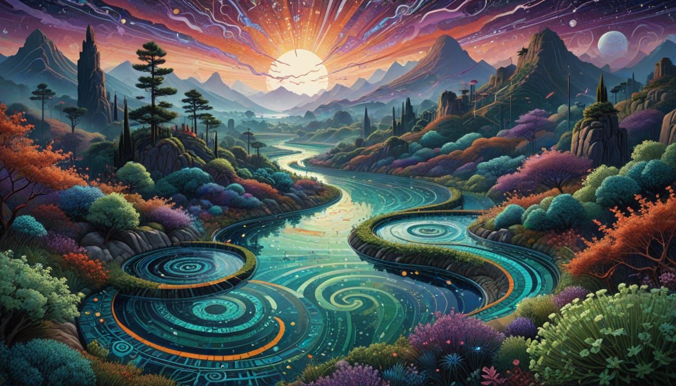 Surreal Landscape Stretches to Infinity with Shimmering Star...