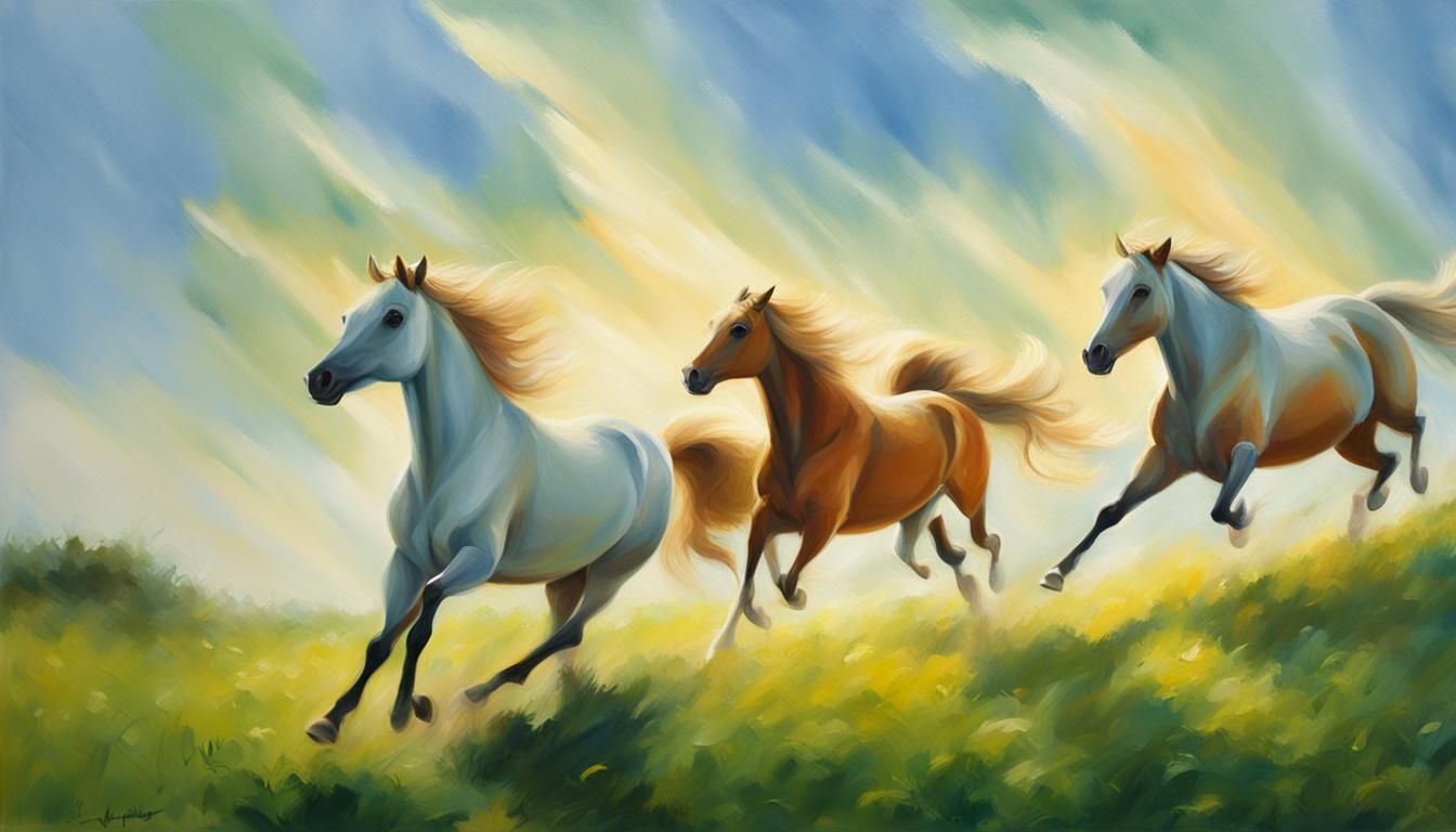 Horses Running Freely: Impressionist Oil Painting