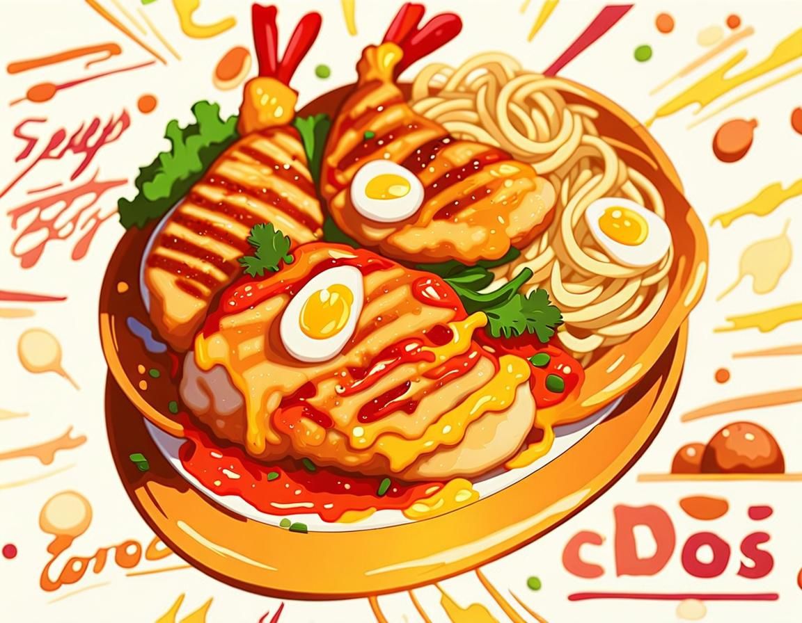 Vibrant Still Life of Chicken and Noodles in Pop Art