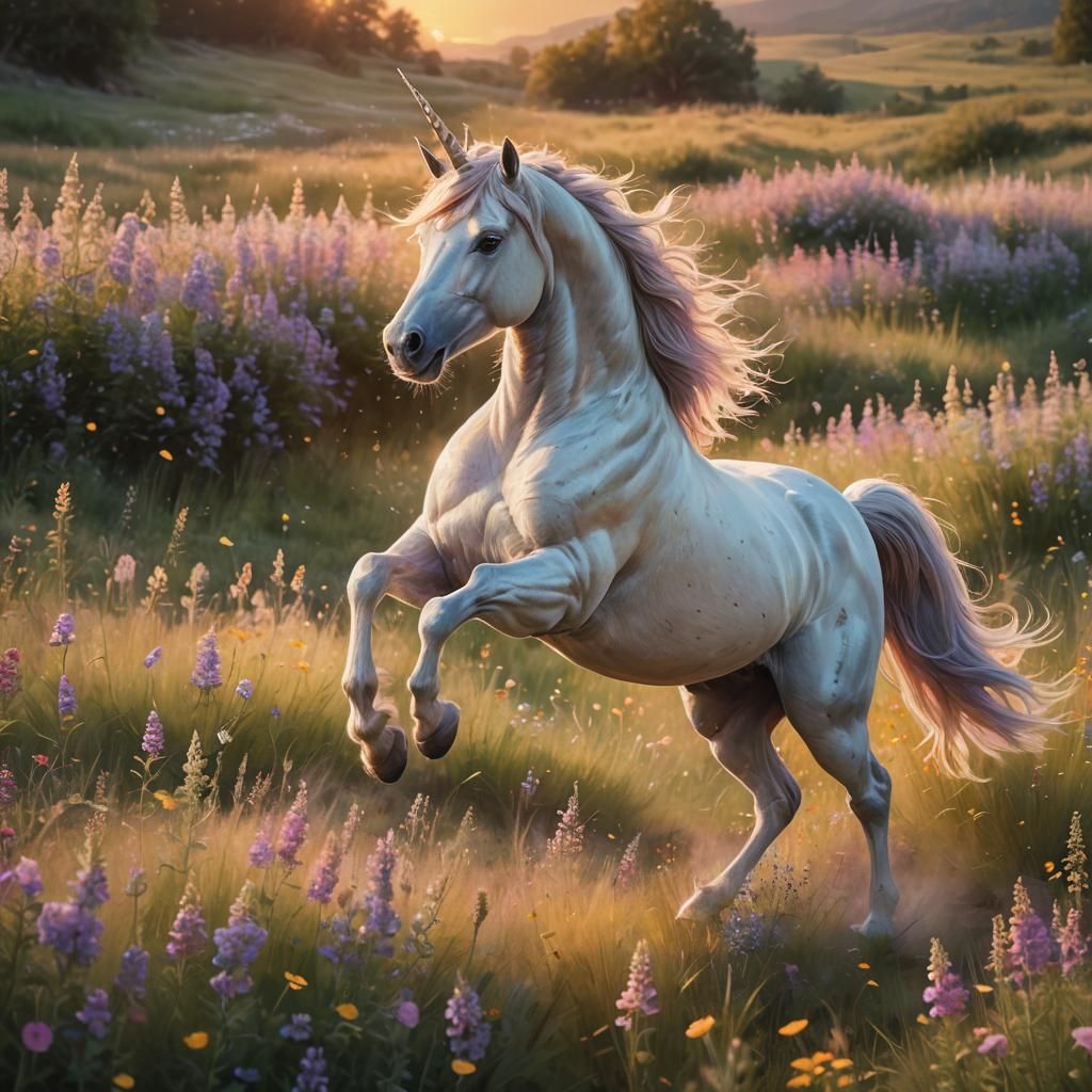 Majestic Unicorn Galloping Through Wildflower Field at Sunse...