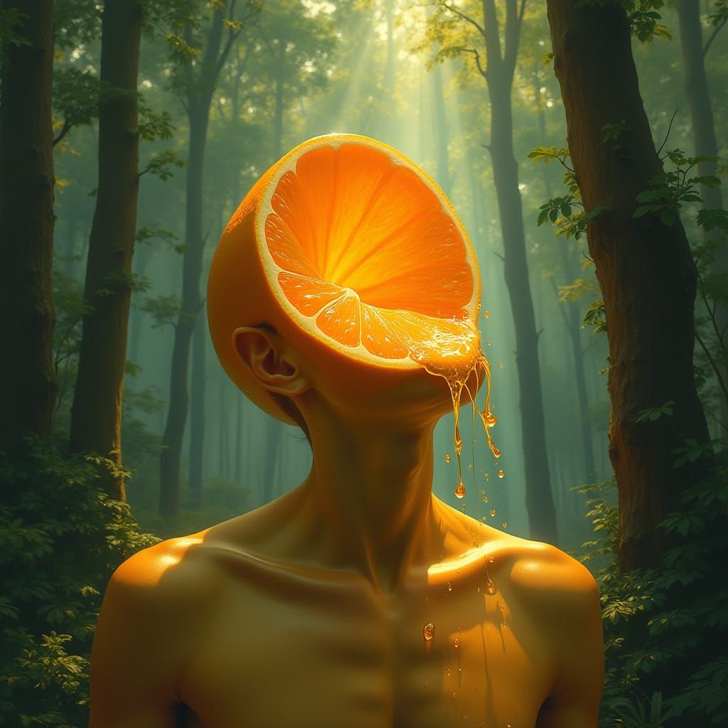 Citrus Man: Surreal Portrait in Mystical Forest