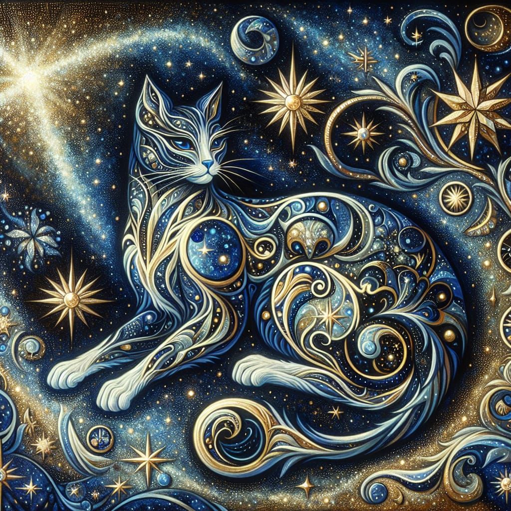 Celestial Feline in Art Nouveau Style