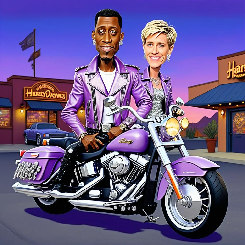 Claymation caricature cartoon masterpiece of one young Arsenio Hall ELLEN DEGENERES, AGE 30, WEARING GLITTERING PASTEL P...