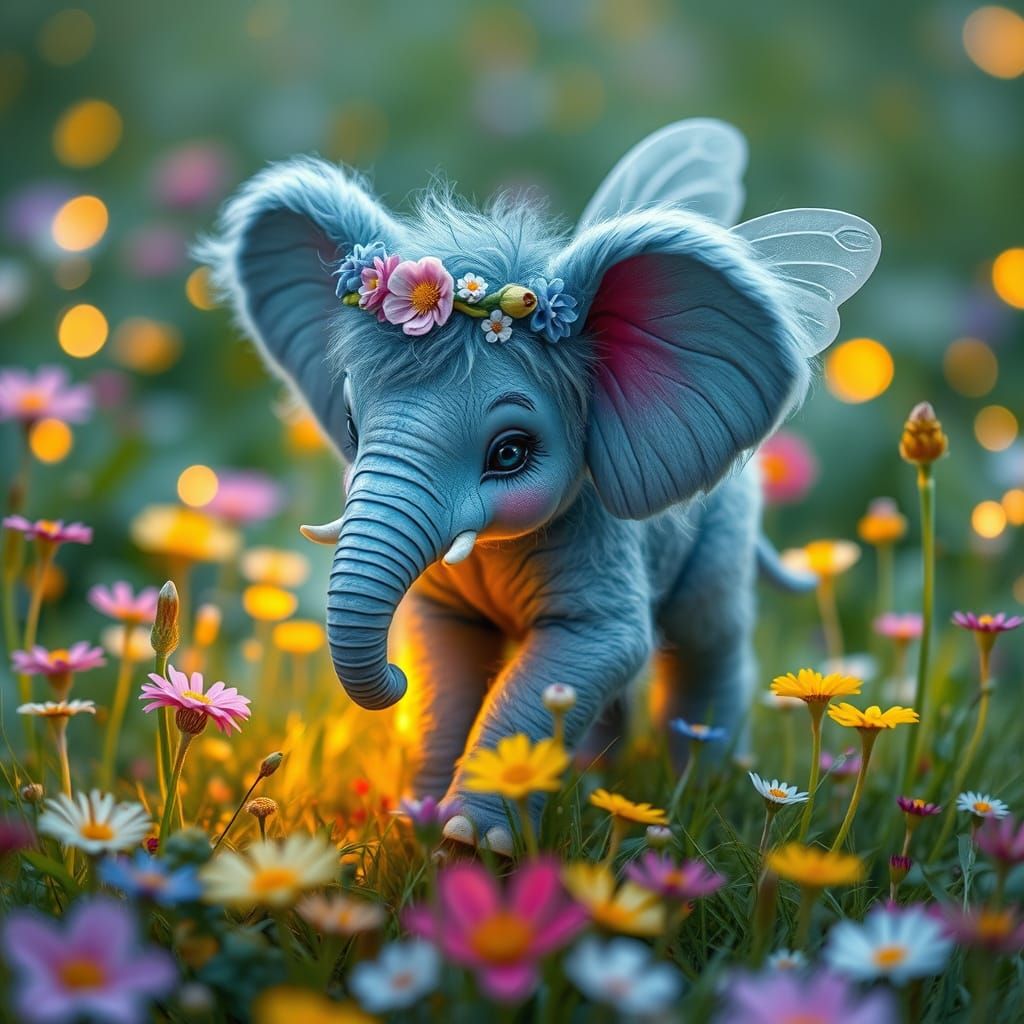 Fairy Elephant in Luminous Meadow: Whimsical Art