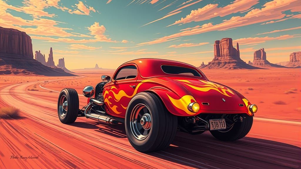 Hotrod Races Across Martian Desert in Comic Book Style