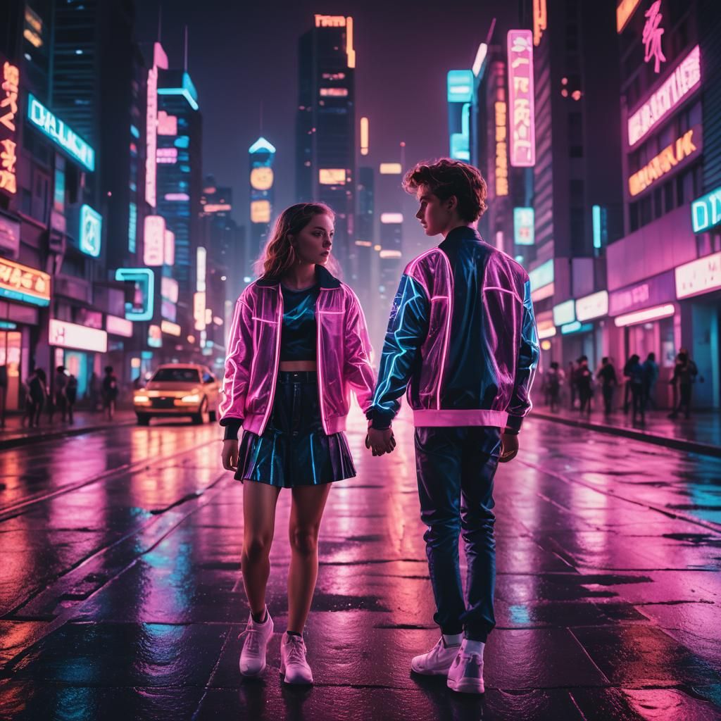 Synthwave Teenagers Holding Hands in Neon City