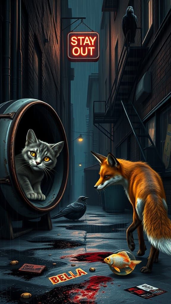 Rain-Swept Industrial Alley Thriller Composition in Film Noi...