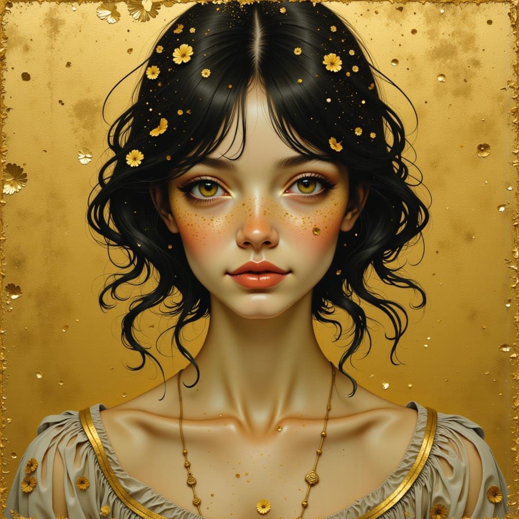 young woman with a heart-shaped face, delicate features, and...