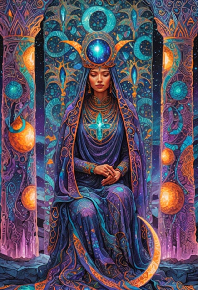 Mysterious Veiled Woman on Moon in Cosmic Illustration