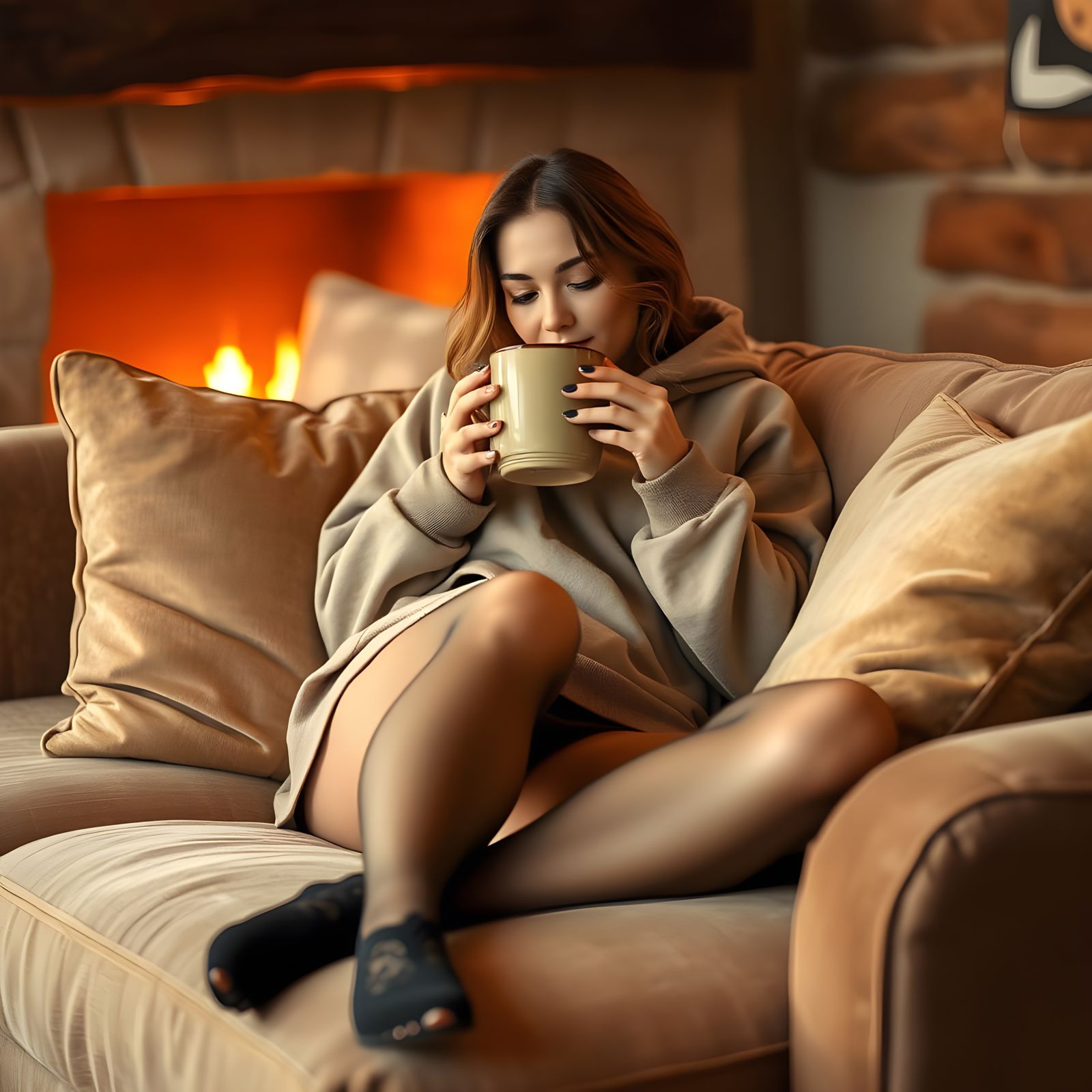 Woman Relaxing in Cozy Brown Couch Setting