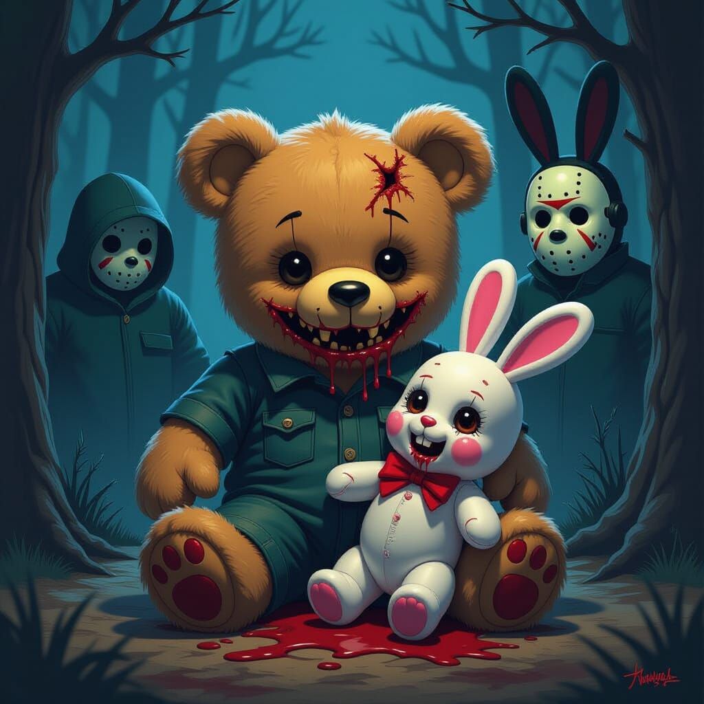 Creepy Freddie Doll Bear Holds Michael Myers Bunny Head in D...
