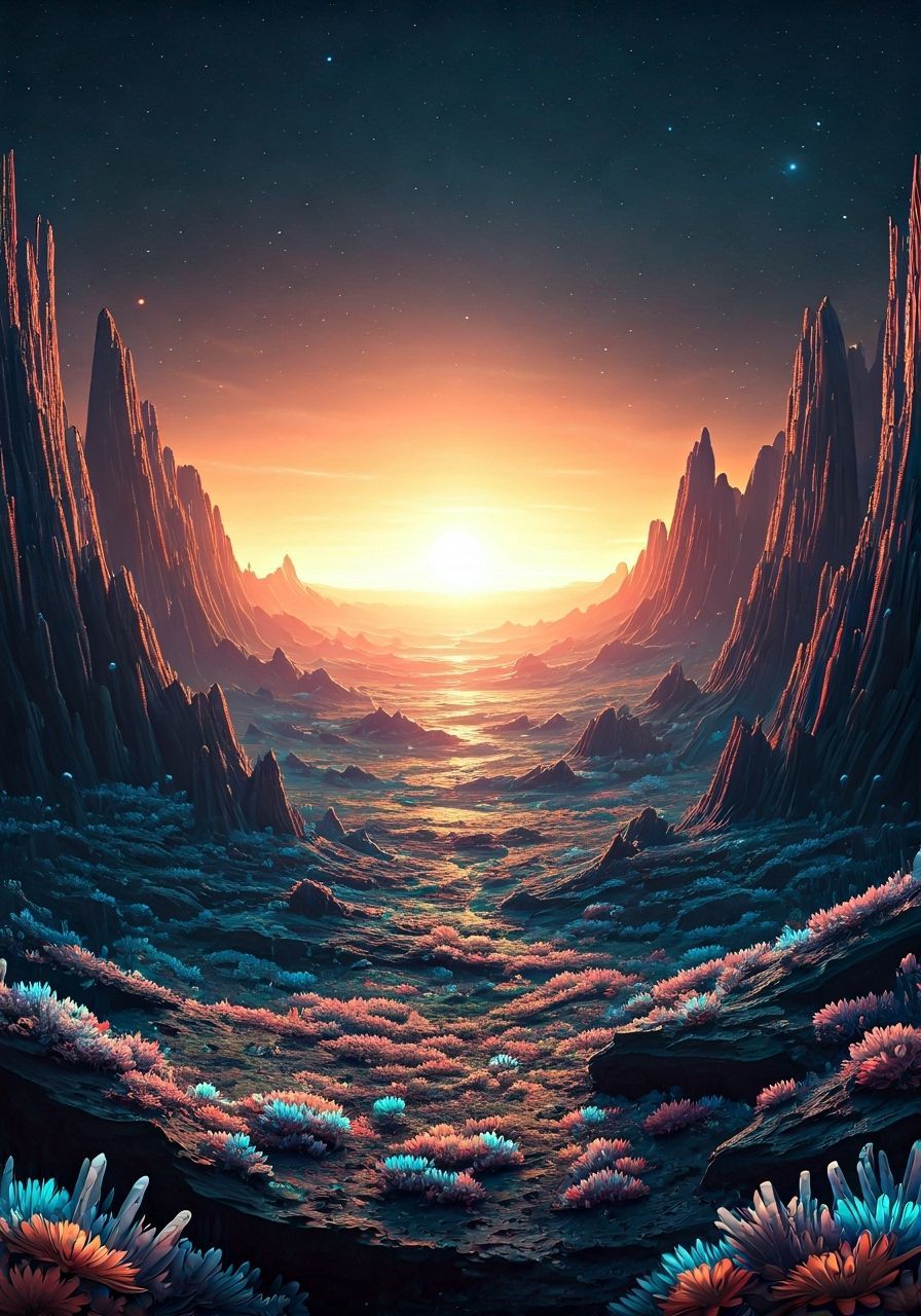 Alien Exoplanet with Binary Sunset and Bioluminescent Flora