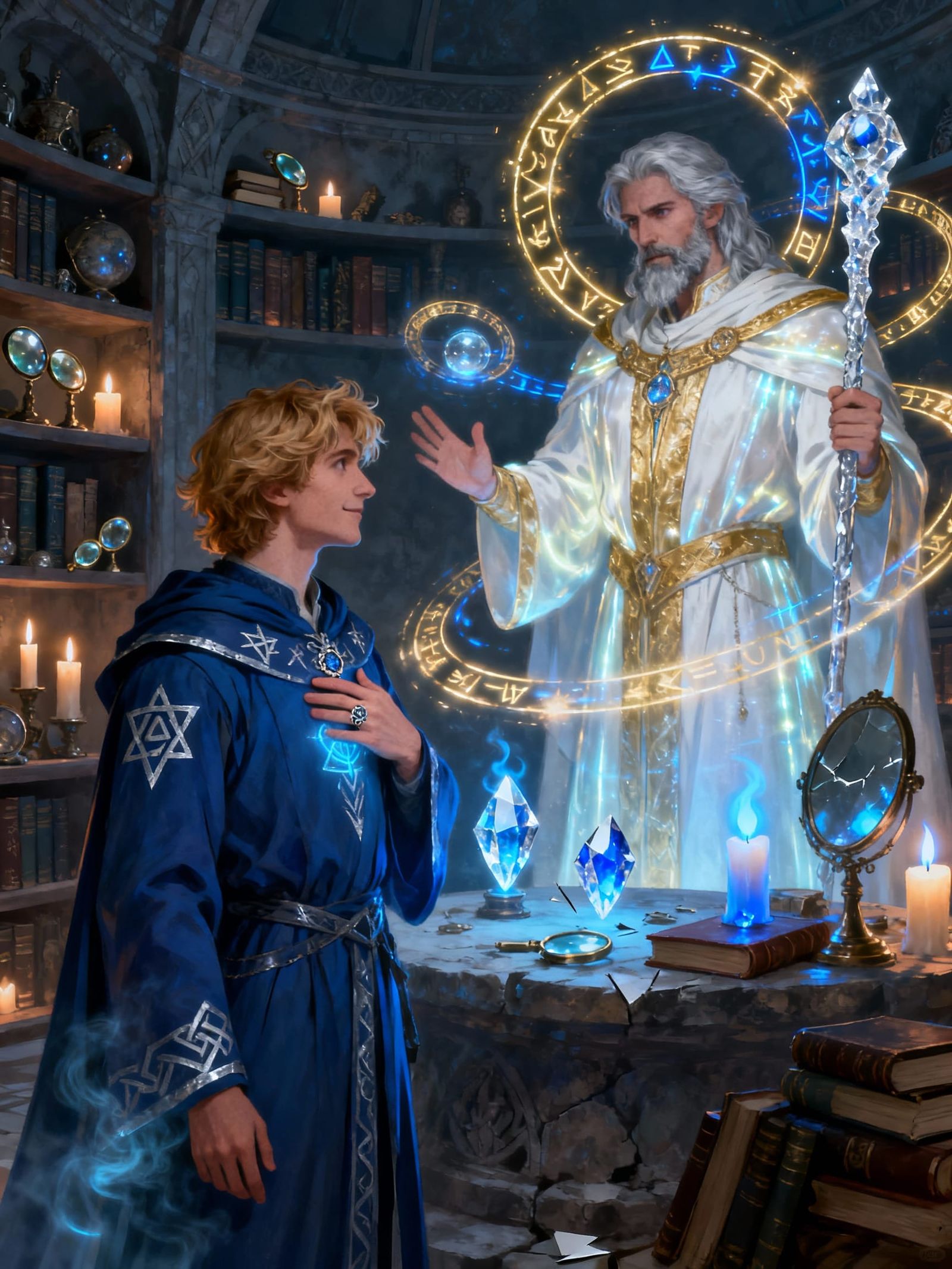Dark Academic Fantasy Illustration of Mage Encounter