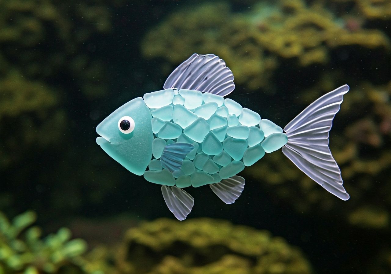 A fish made from bits of sea glass swimming in an aquarium