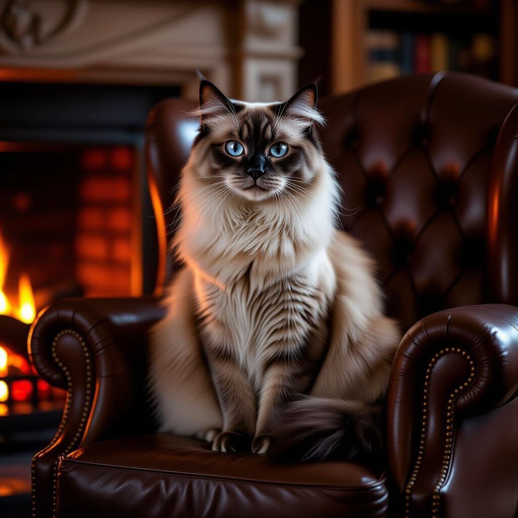 Majestic Siamese Cat by Warm Fireplace in Matte Painting Sty...