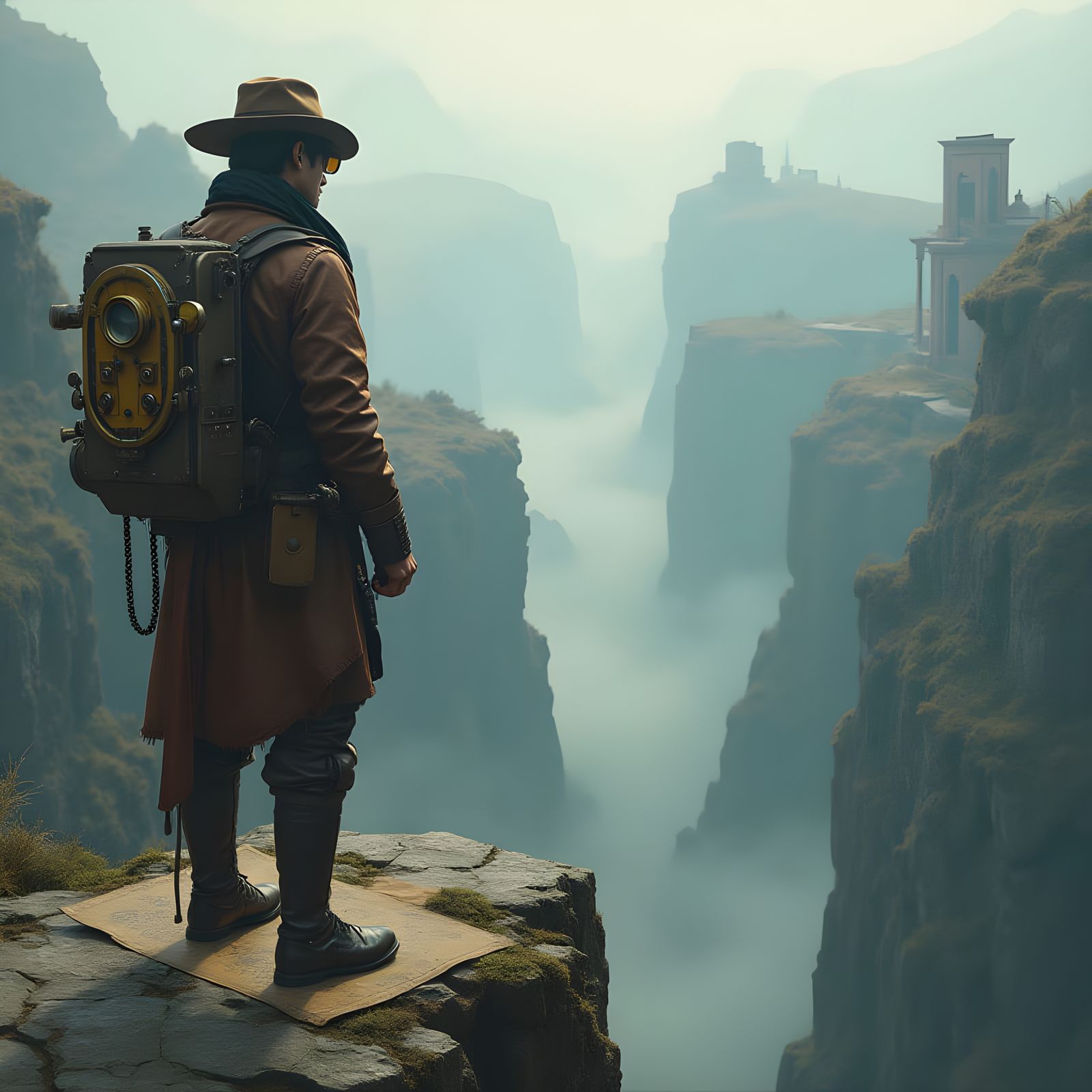 Steampunk Cartographer Overlooking Floating Islands and Ruin...