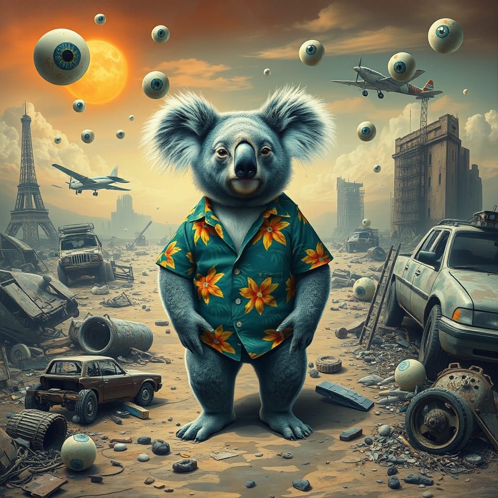 Koala in Post-Apocalyptic Wasteland: Surreal Oil Painting