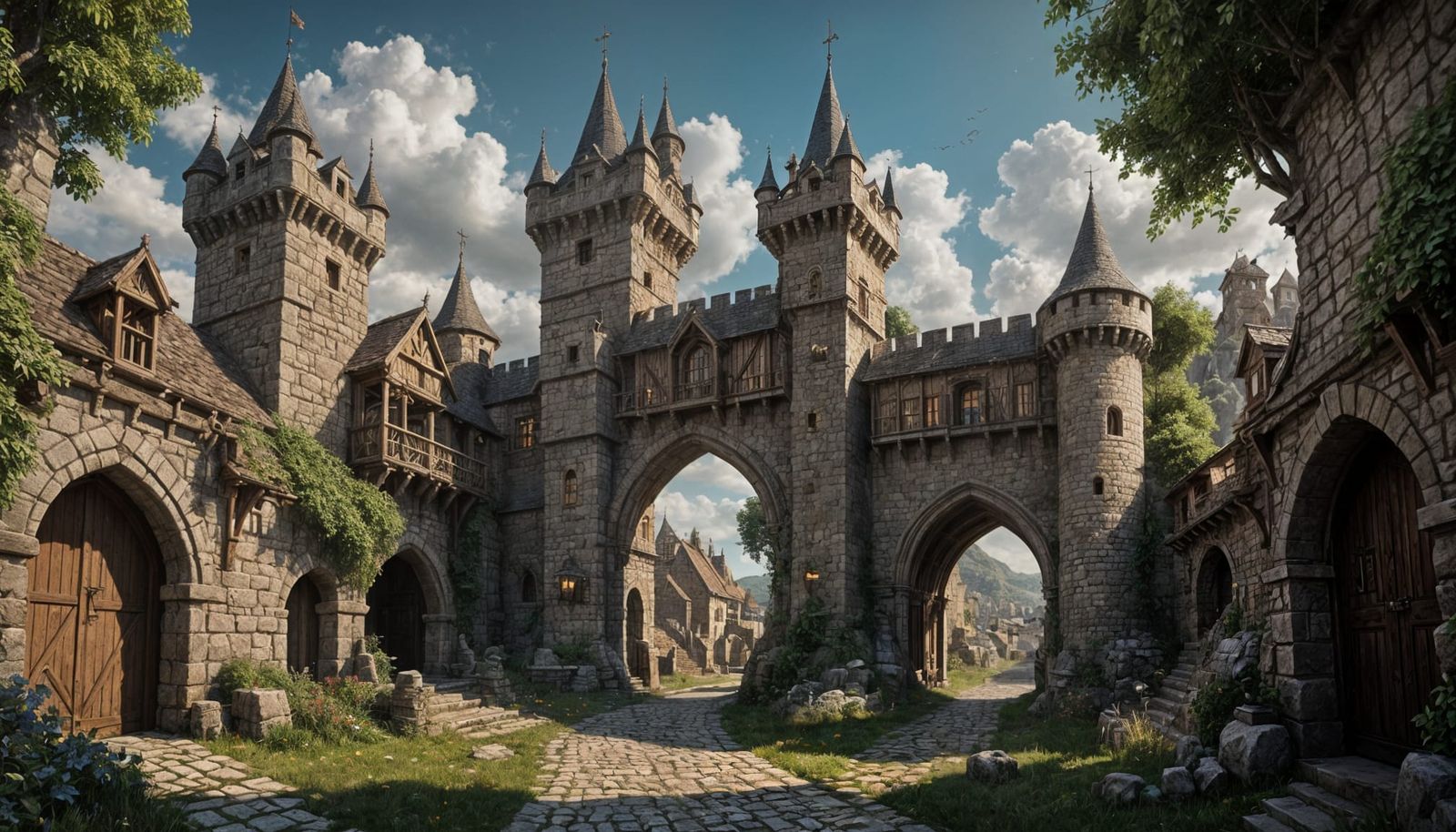 Fortified Medieval Village Gateway: Fantasy Concept Art