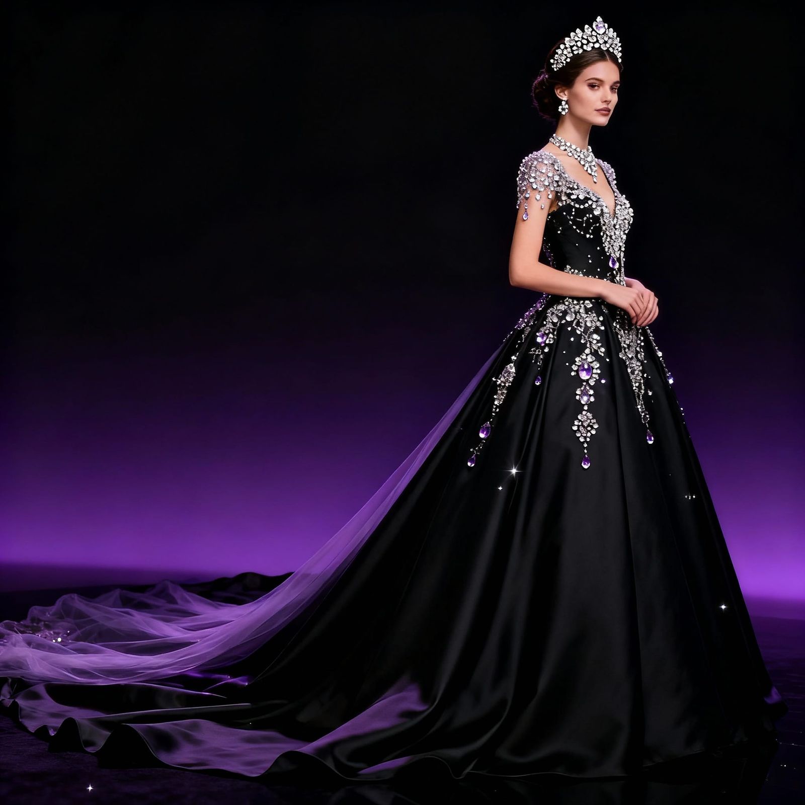Elegant Black and Purple Wedding Dress on Woman with Jewels