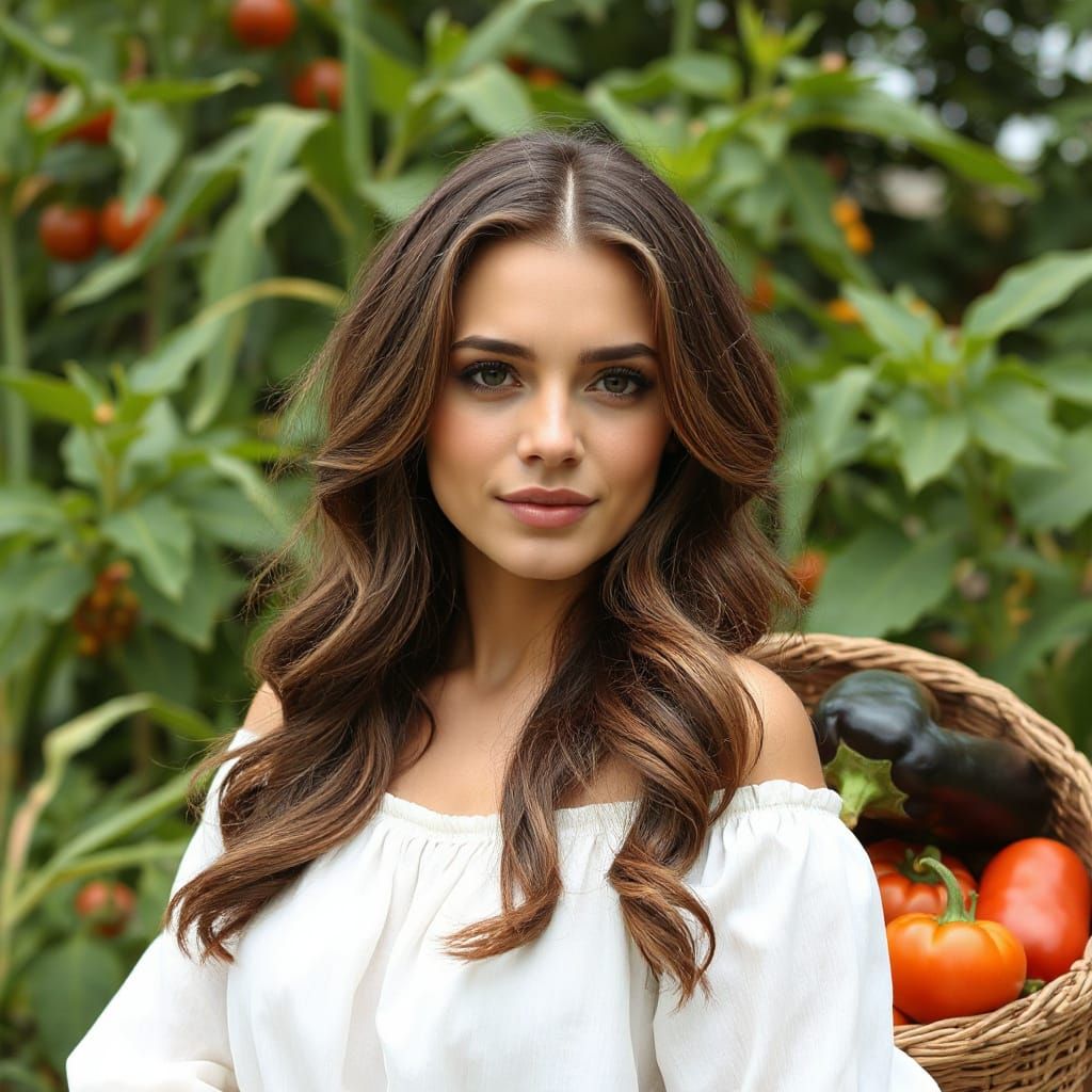 Beautiful Woman With Vegetables in Lush Garden Photograph