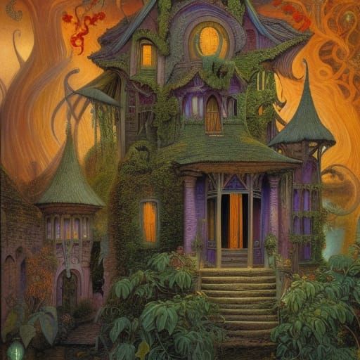 Eldritch Haunted Village in Visionary Folk Art Style