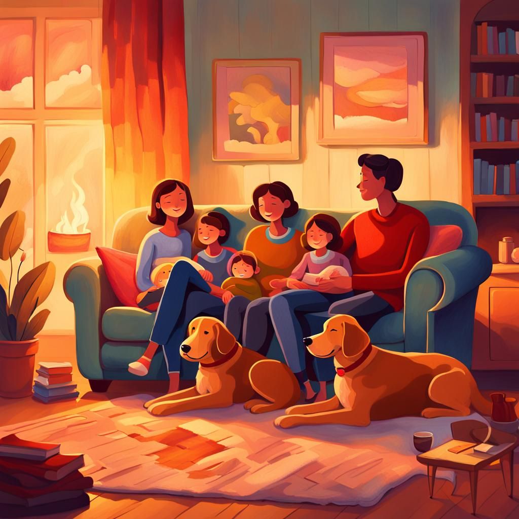 Cozy Family Scene in Whimsical Illustration Style