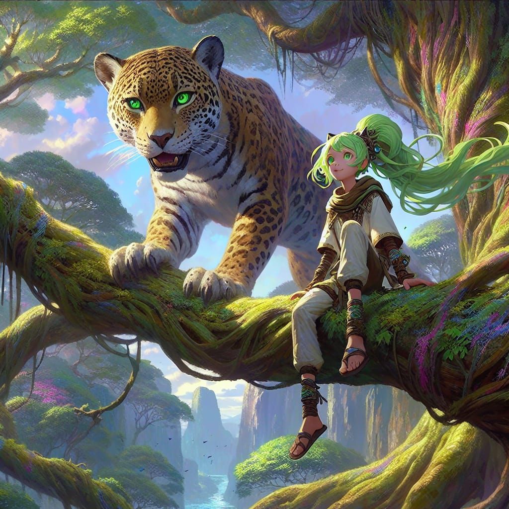 Anime Girl and Jaguar in Tree Canopy: Matte Painting