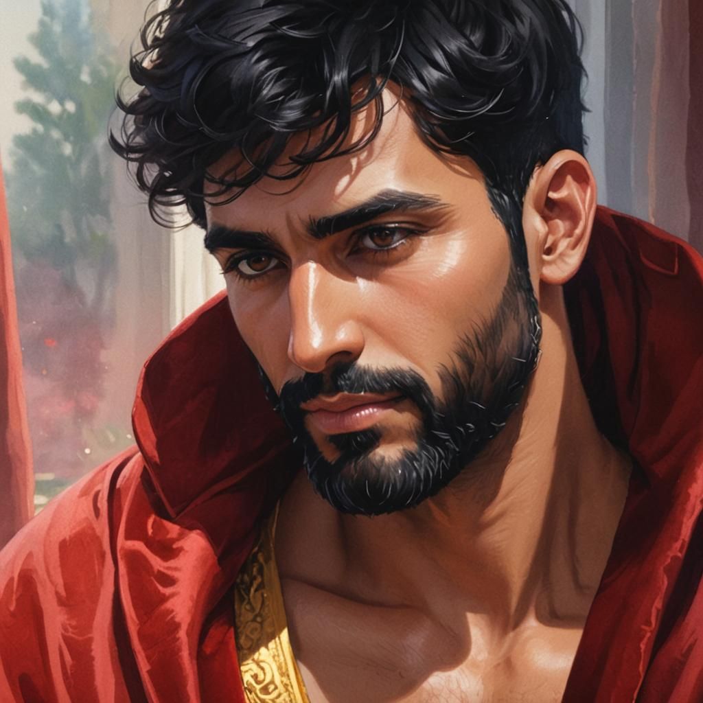 Middle Eastern Man in Red Velvet Robe: 3D Illustration