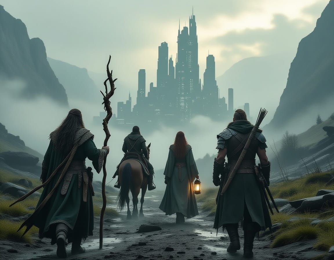 Adventurers Approach Ruined Cyberpunk City