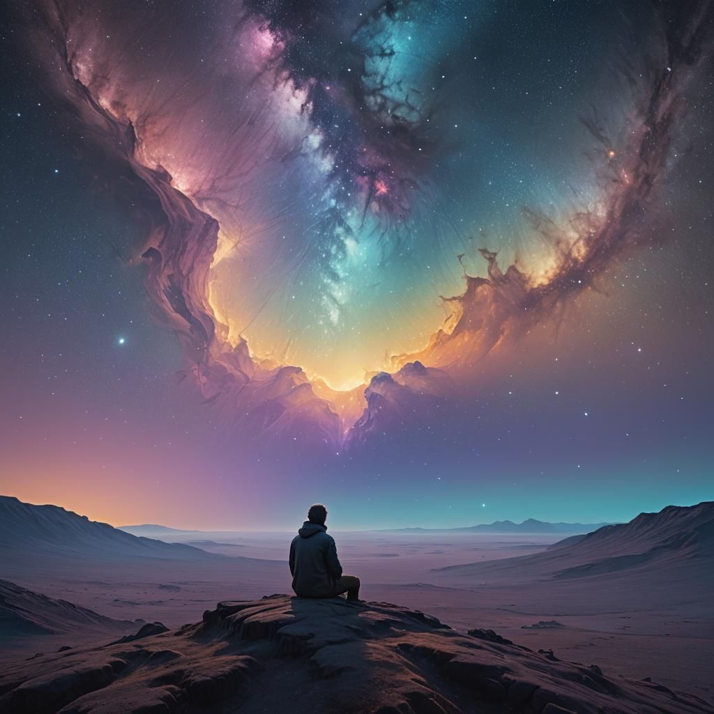 Contemplative Figure in Surreal Starry Landscape