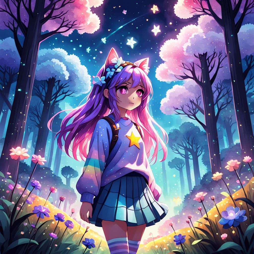 Whimsical Anime Goddess in Pastel Twilight Meadow
