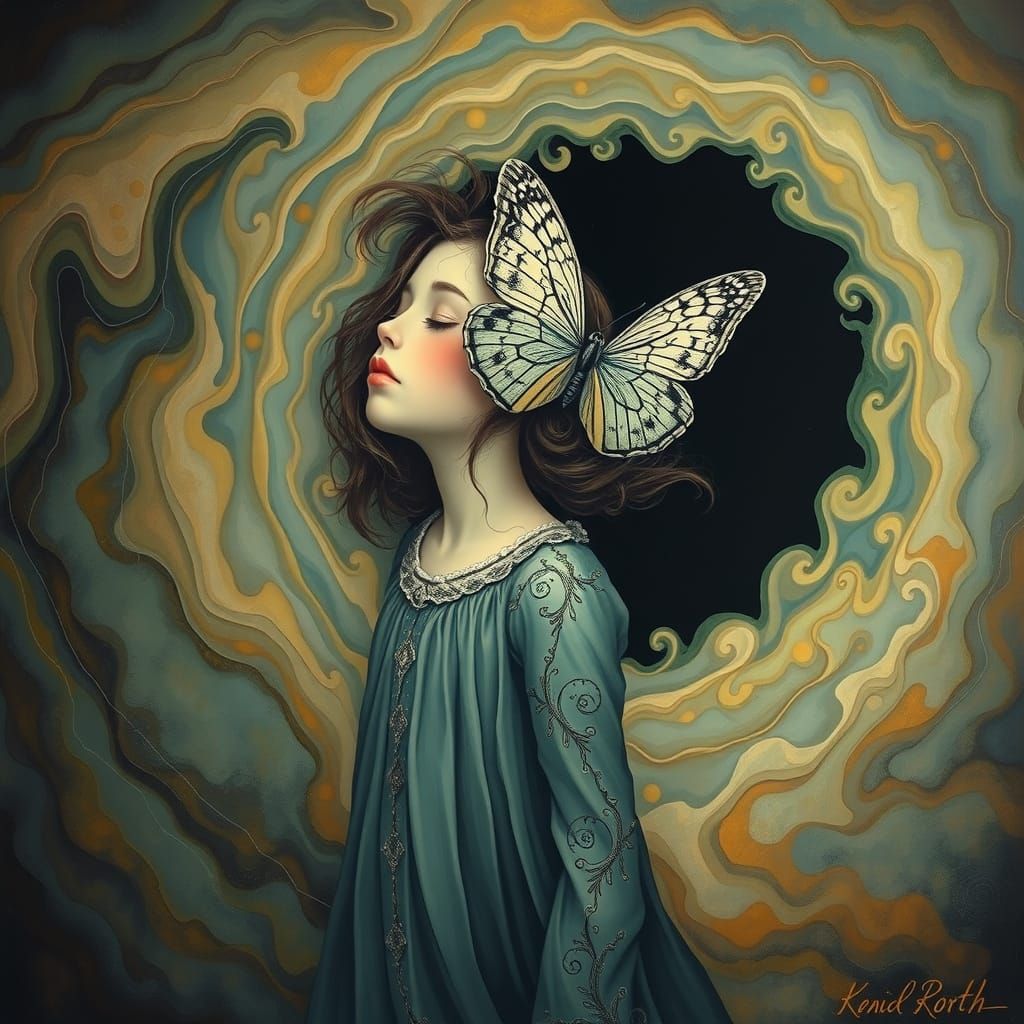 Butterfly Dream: Surreal Impasto Girl Flies to Dark Hole