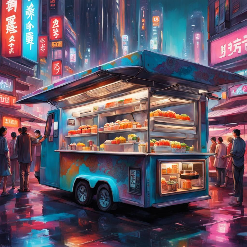 Futuristic Sushi Truck in Cyberpunk City Environment