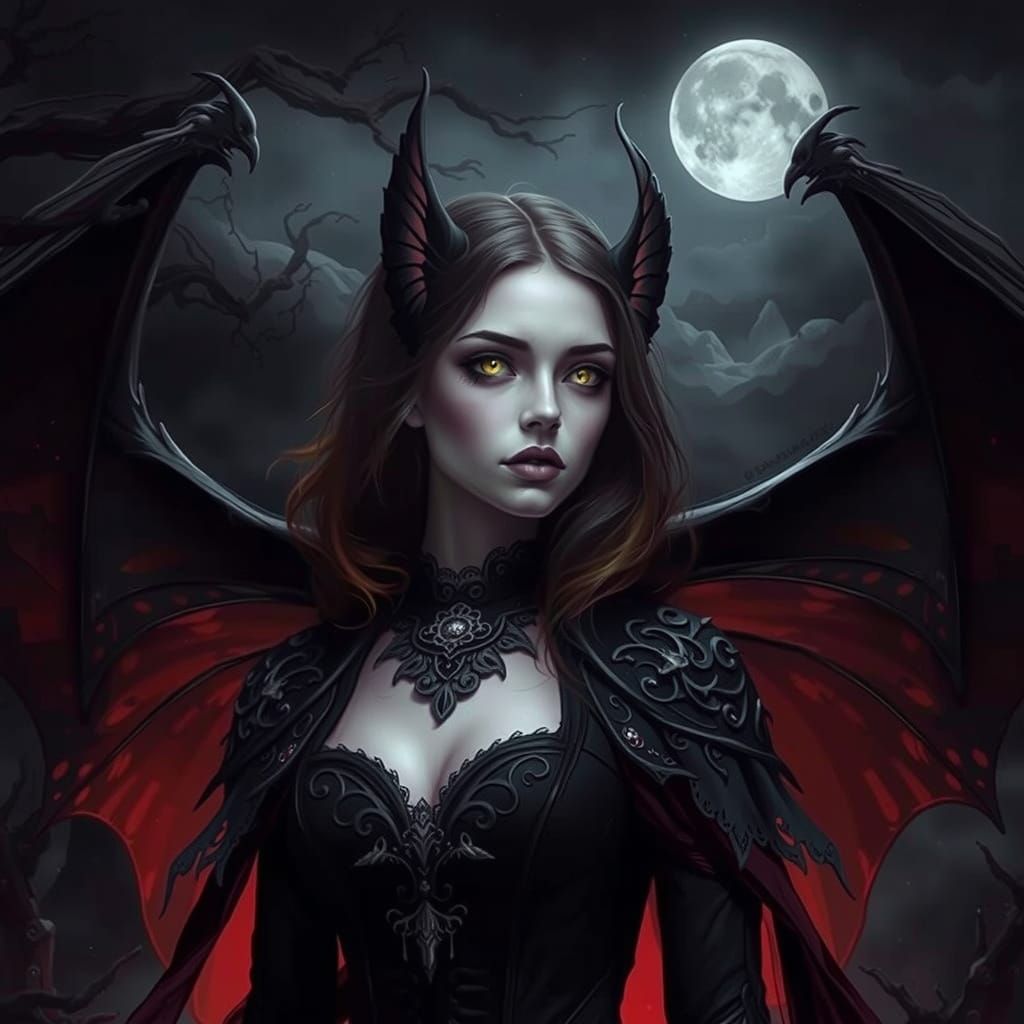 Ethereal Fairy in Dark Crimson Gown, Haunting Mystical Fores...