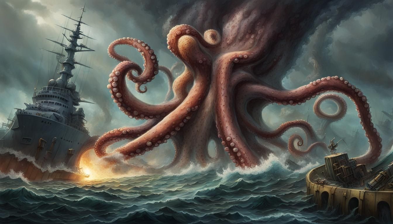 Giant Octopus Attacks Battleship at Sea