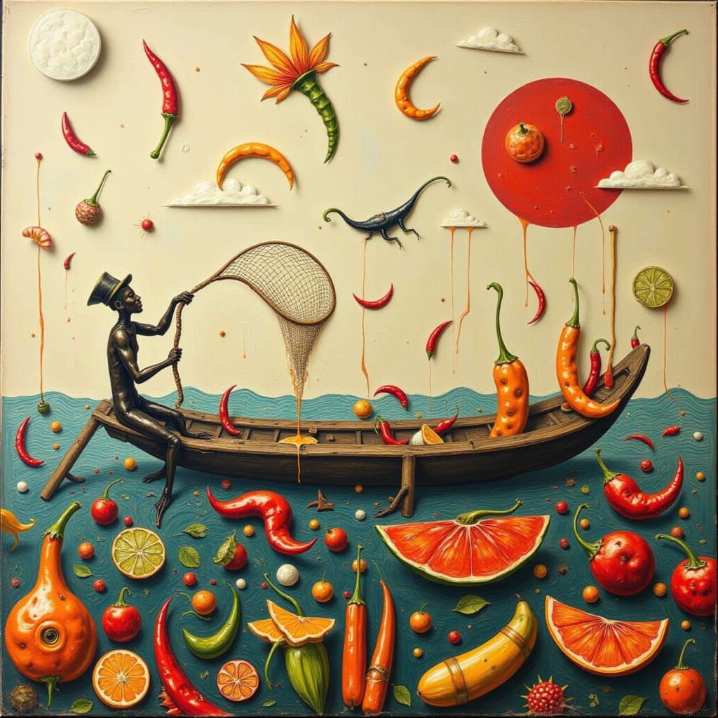 Fisherman in Abstract Sea, Paper Collage Art