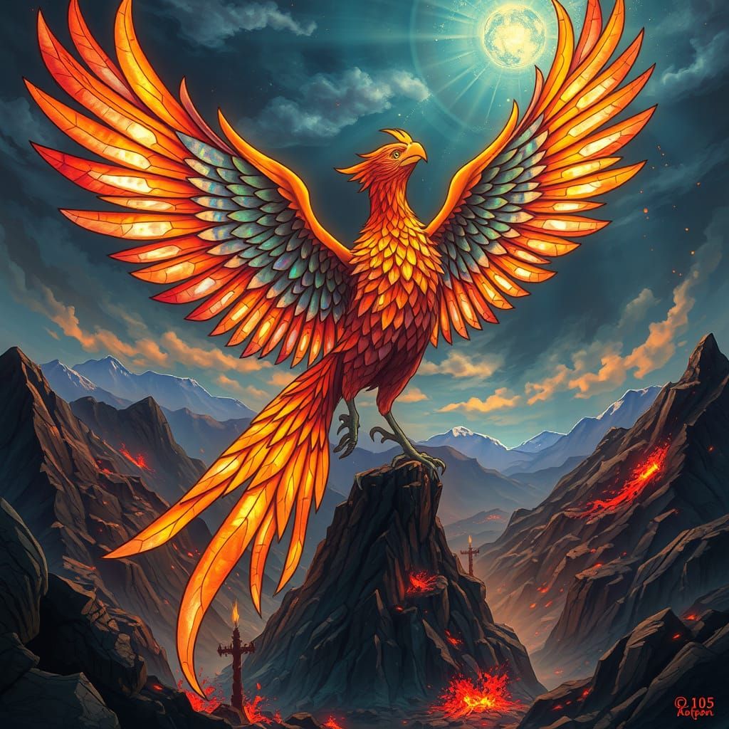Stained Glass Phoenix Rising: Art Nouveau Digital Painting