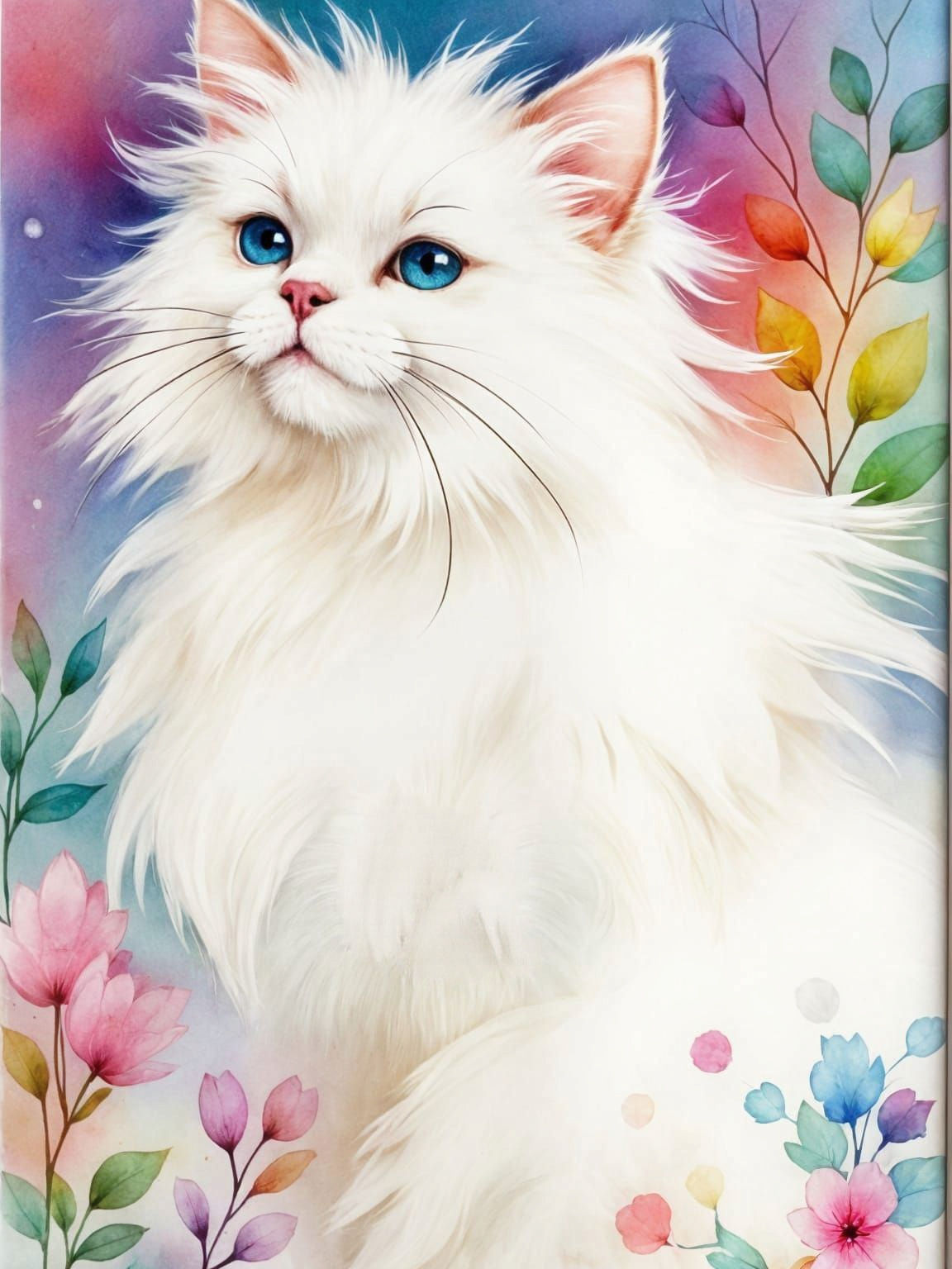 Fluffy White Persian Cat Portrait in Watercolor